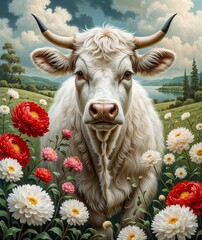 Cow on the grass among lush flowers, vintage landscape.