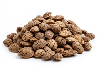 Pile of Light Brown Almonds in Shells on White Background