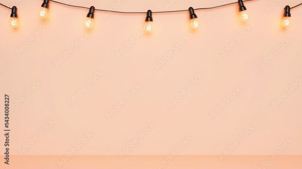 Poster soft string lights glowing warmly against pastel peach background, creating intimate, minimalist lig