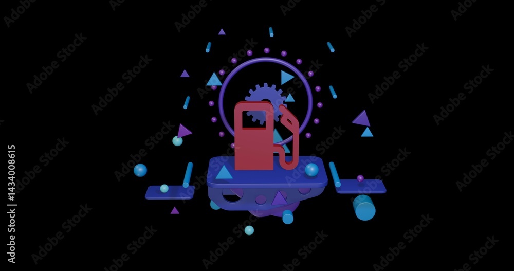 Poster red gas station symbol on a pedestal of abstract geometric shapes floating in the air. abstract conc