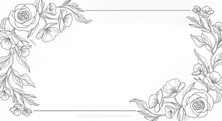 Elegant Floral Frame with Delicate Rose and Blossom Line Art Illustration