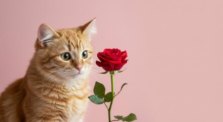 Kitten observing red rose