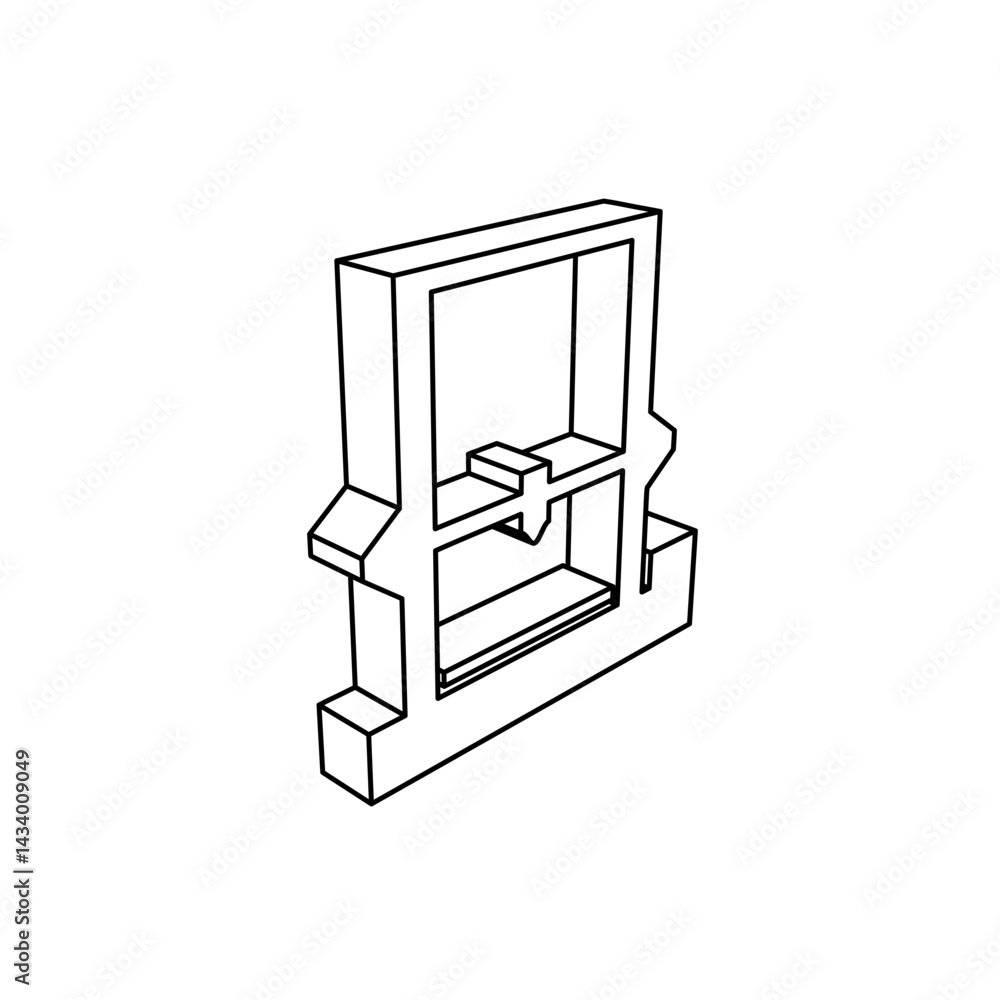 Poster the outline of a large 3d printer symbol is made with black lines. 3d view of the object in perspect