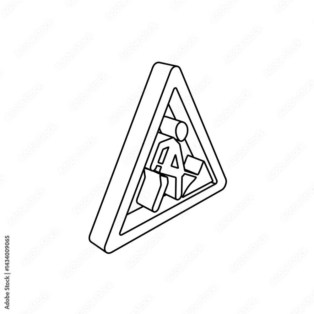 Poster the outline of a large road work sign is made with black lines. 3d view of the object in perspective