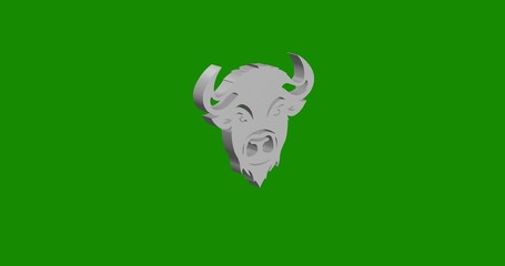 Isolated realistic white buffalo logo front view with shadow. 3d illustration on green chroma key background