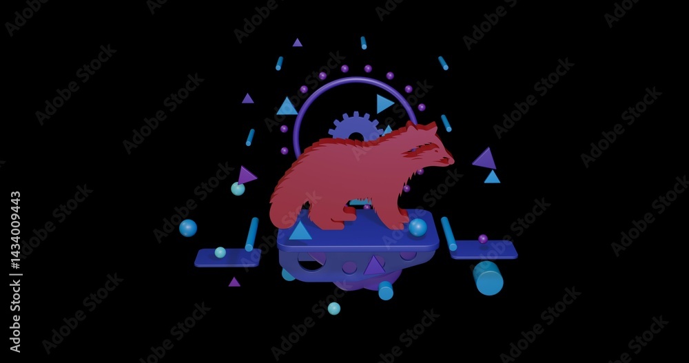 Poster red raccoon symbol on a pedestal of abstract geometric shapes floating in the air. abstract concept 