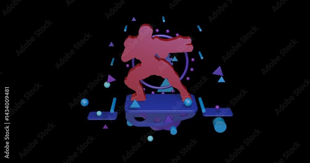 Aufkleber red combat robot on a pedestal of abstract geometric shapes floating in the air. abstract concept ar
