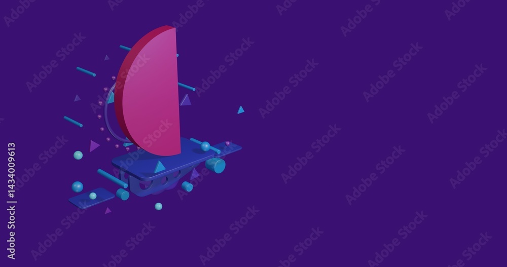 Poster pink semicircle symbol on a pedestal of abstract geometric shapes floating in the air. abstract conc