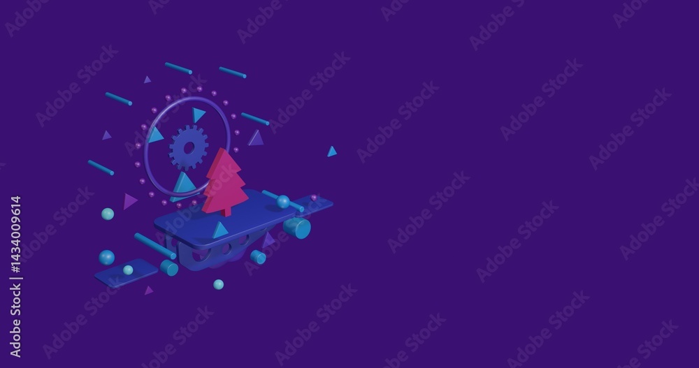 Poster pink fir-tree symbol on a pedestal of abstract geometric shapes floating in the air. abstract concep
