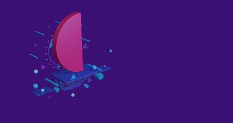Pink semicircle symbol on a pedestal of abstract geometric shapes floating in the air. Abstract concept art with flying shapes on the left. 3d illustration on deep purple background