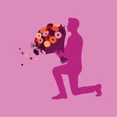 vector silhouette of a man kneeling with flowers to propose to his beloved