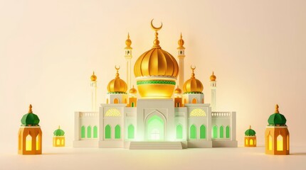Mosque Illustration with Crescent Moon and Lanterns