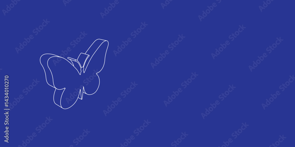 Poster the outline of a large butterfly symbol made of white lines on the left. 3d view of the object in pe