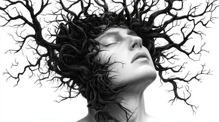 Monochrome portrait of a head fragmenting into chaotic branch-like tendrils