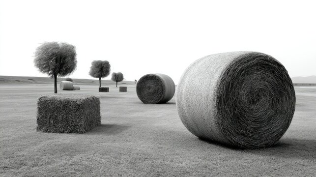 Hay Bales and Trees: A monochrome landscape featuring a variety of hay bales and meticulously placed trees, creating a minimalist and textured composition under a vast sky.