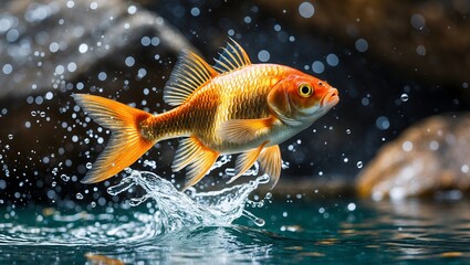 Golden fish leaping through sparkling water splash