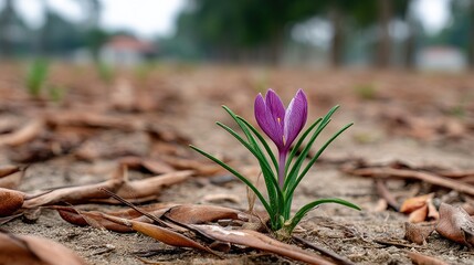 Spring awakening beautiful crocus flower blooming in leafy landscape nature outdoor serenity ground level perspective