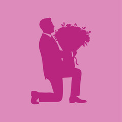 vector silhouette of a man kneeling with flowers to propose to his beloved