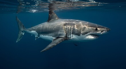 Great white shark underwater portrait swimming in crystal clear ocean