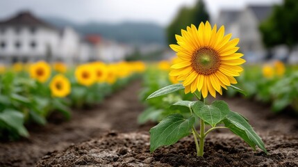 Sunflower fields blooming in scenic landscape nature vibrant colors tranquil environment close-up view