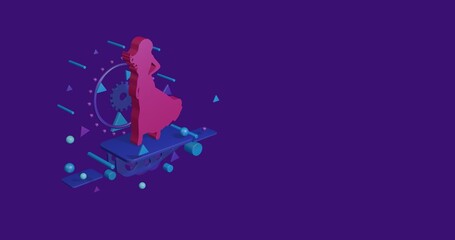 Pink lady symbol on a pedestal of abstract geometric shapes floating in the air. Abstract concept art with flying shapes on the left. 3d illustration on deep purple background
