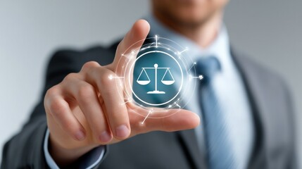 Justice in Hand: A sharp-dressed professional delicately interacts with a digitally rendered scales of justice icon, symbolizing fairness and the pursuit of equitable outcomes.