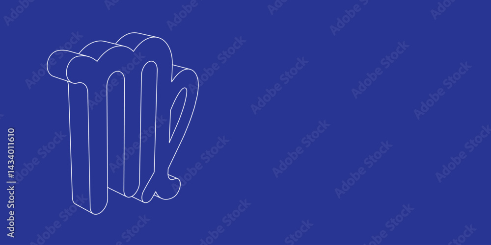 Poster the outline of a large zodiac virgo symbol made of white lines on the left. 3d view of the object in