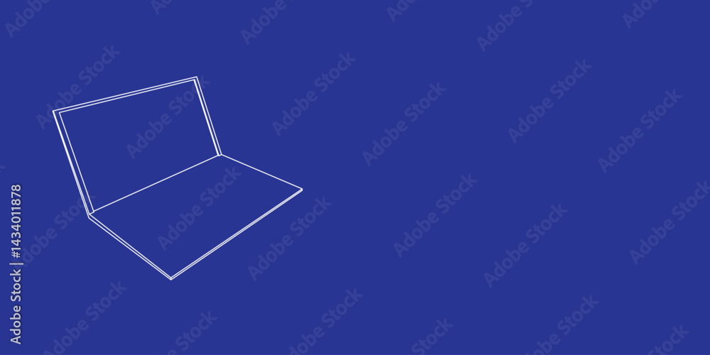Poster the outline of a large notebook symbol made of white lines on the left. 3d view of the object in per