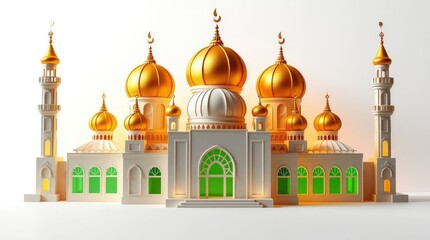 Mosque Structure Featuring Golden Domes on White Background