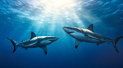 Obraz premium Two Great White Sharks Underwater