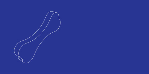 The outline of a large dog bone symbol made of white lines on the left. 3D view of the object in perspective. Vector illustration on indigo background