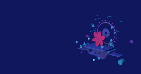 Fototapeta premium Pink narcissus flower on a pedestal of abstract geometric shapes floating in the air. Abstract concept art with flying shapes on the right. 3d illustration on indigo background