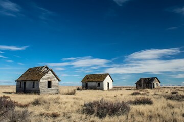 Obraz premium Eerie farmhouses on dry grassland under blue sky art 