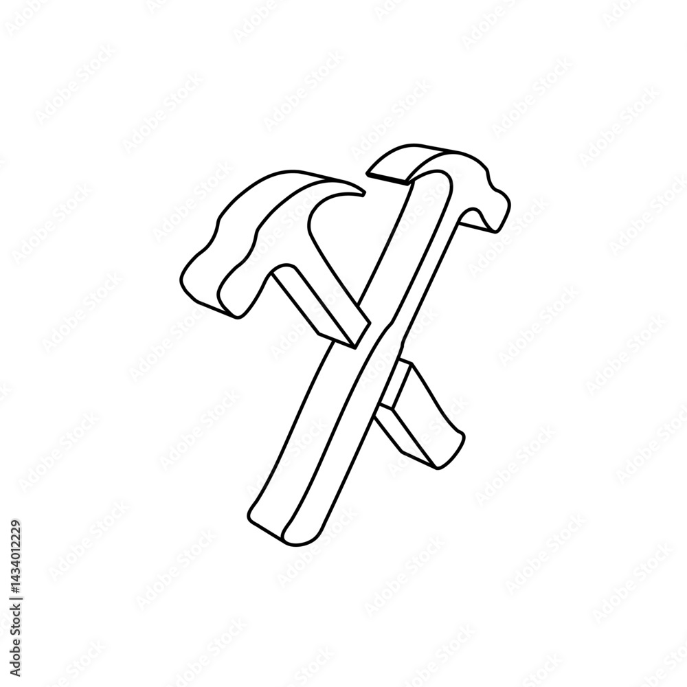 Poster the outline of a large crossed hammers symbol is made with black lines. 3d view of the object in per