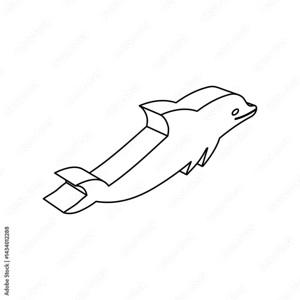 Poster the outline of a large dolphin symbol is made with black lines. 3d view of the object in perspective
