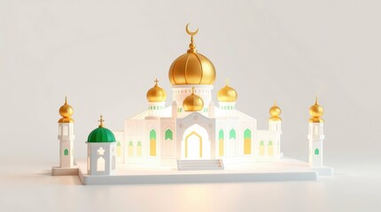 Mosque Miniature with Golden Domes and White Walls