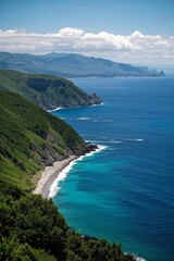 Naklejka premium arafed view of a beach and a body of water with a mountain in the background