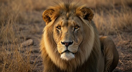 Magnificent male lion with golden mane stares intensely into the distance