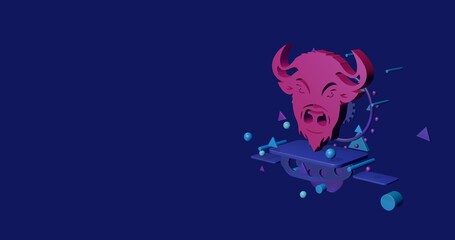 Pink buffalo logo on a pedestal of abstract geometric shapes floating in the air. Abstract concept art with flying shapes on the right. 3d illustration on indigo background