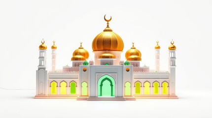 Islamic Temple Model with Golden Domes and Arches on White