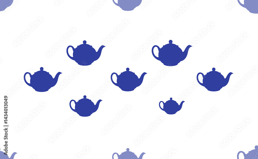 Poster seamless pattern of large isolated blue teapot for tea symbols. the pattern is divided by a line of 