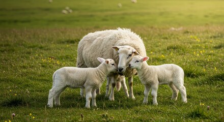 Obraz premium Ewe and Lambs Grazing Peacefully in a Green Meadow Springtime Scene