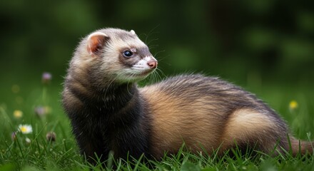 Captivating portrait of a furry ferret nestled in vibrant green grass outdoors