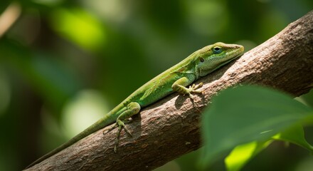 Fototapeta premium Emerald anole reptile basks peacefully upon a branch in a lush habitat