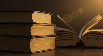 Fototapeta premium Books on Wooden Table with Open Book and Warm Light