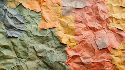 Abstract crumpled paper texture of multicolor layers creating a collage