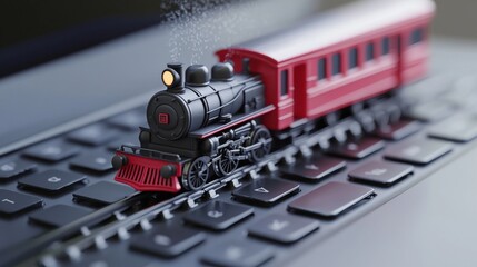 A miniature steam train on a computer keyboard symbolizes modern technology.