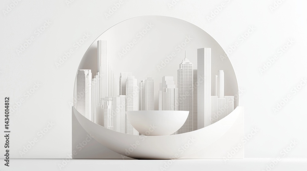 Poster a minimalist city skyline model with a smooth white design and circular display.