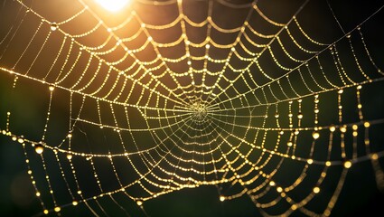 Golden spiderweb adorned with sparkling dewdrops