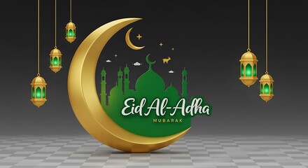 Eid al adha celebration with golden crescent moon lanterns and green mosque on a checkered surface
